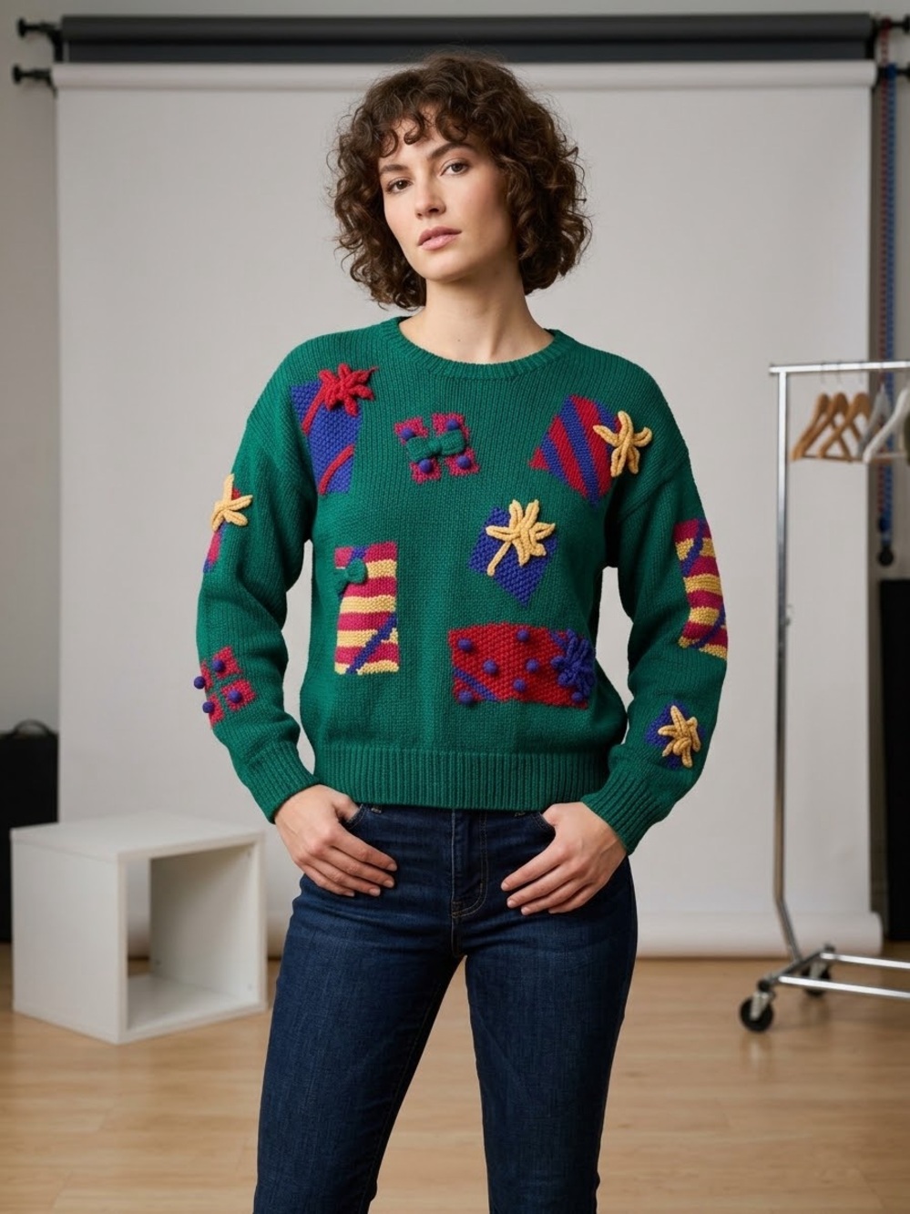Robert Scott Ltd. Vintage Green Embroidered Patchwork Crewneck Sweater - Women